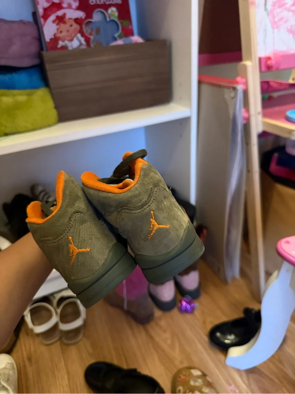 Jordan Kids High-Top Sneakers in Olive Green and Orange